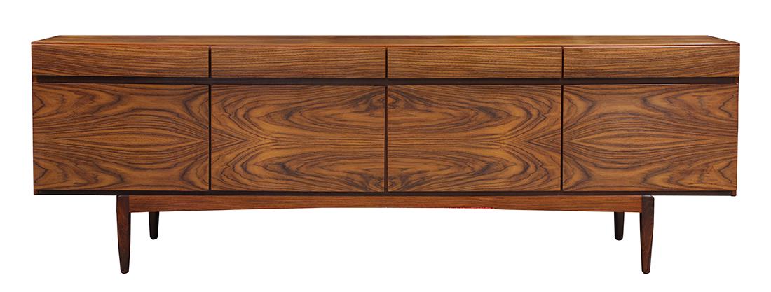 Danish Modern Ib Kofod-Larsen for Farup rosewood: Danish Modern Ib Kofod-Larsen for Farup rosewood credenza, model #66, having a rectangular top, above four drawers and four doors, and rising on tapered legs, 30.5"h x 90"w x 19.5"d