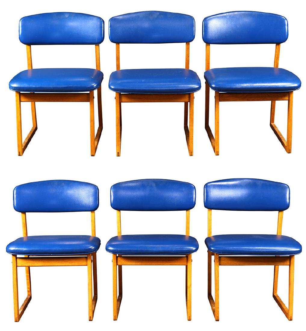 Børge Mogensen for Karl Andersson oak side chairs: (lot of 6) Børge Mogensen for Karl Andersson oak side chairs, each having a slightly curved back, above a blue upholstered seat, 28.5”h x 20”w x 20”d