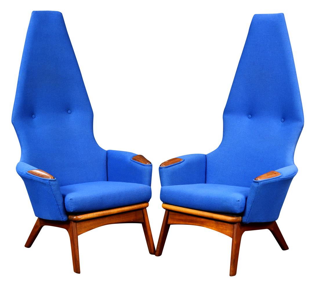 Pair of Adrian Pearsall high back armchairs: Pair of Adrian Pearsall high back armchairs, 2056-C, each having a contoured back with shaped arms continuing to the teak rests, and rising on flaring legs, 53"h x 30"w x 21"d