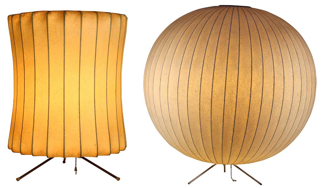 George Nelson for Herman Miller bubble lamps: (lot of 2) George Nelson for Herman Miller bubble lamps, originally designed in 1952, one of spherical form, and one in lantern form, each executed in fiberglass and rising on a metal tripod base, eac