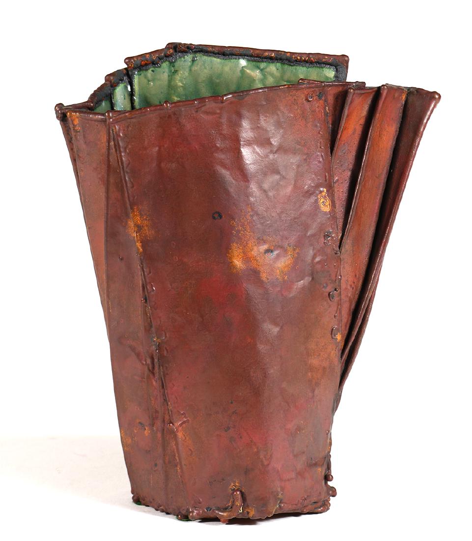 June Schwarcz #957 vessel: June Schwarcz (American 1918-2015) #957 vessel executed in electroformed copper foil enamel, signed and dated 1986 8.5"h Provenance Snyderman Gallery, Philadelphia, PA