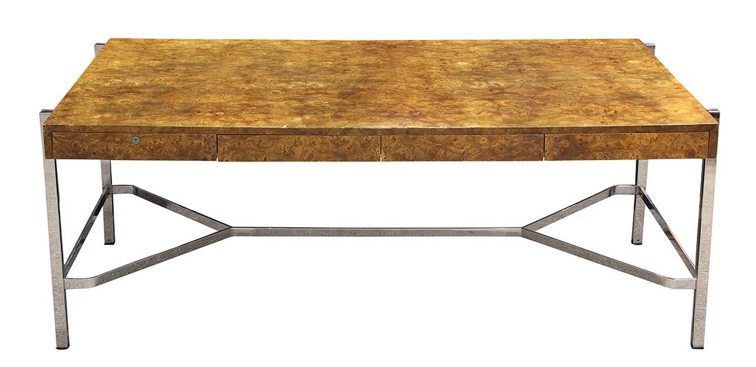 Milo Baughman for Pace Collection executive desk: Milo Baughman for Pace Collection burled olive wood and chromed steel executive desk, circa 1971, designed for Leon Rosen's Pace Collection showroom, having a rectangular top, above two drawers, and r