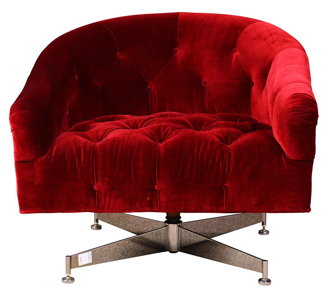 Ward Bennett tufted swivel lounge chair: Ward Bennett tufted swivel lounge chair, upholstered in crimson velvet, and rising on a steel swivel four-leg base, 25.5"h x 29.5"w x 30"d