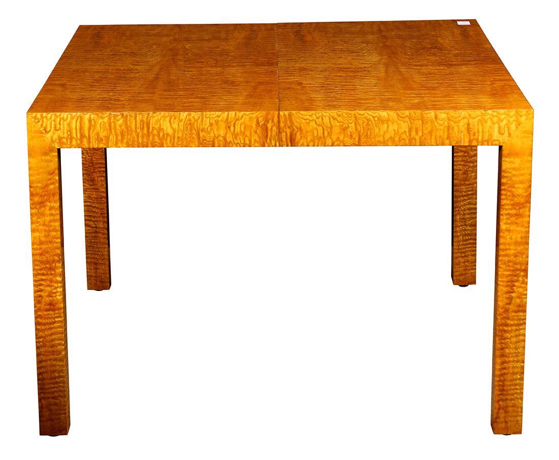 Milo Baughman for Pace Collection burl wood dining: Milo Baughman for Pace Collection burl wood dining table, circa 1970, having a highly burled golden wood rectangular top with (2) 18"l leaves, and rising on square legs, extended: 29.5"h x 78"w x 42"d