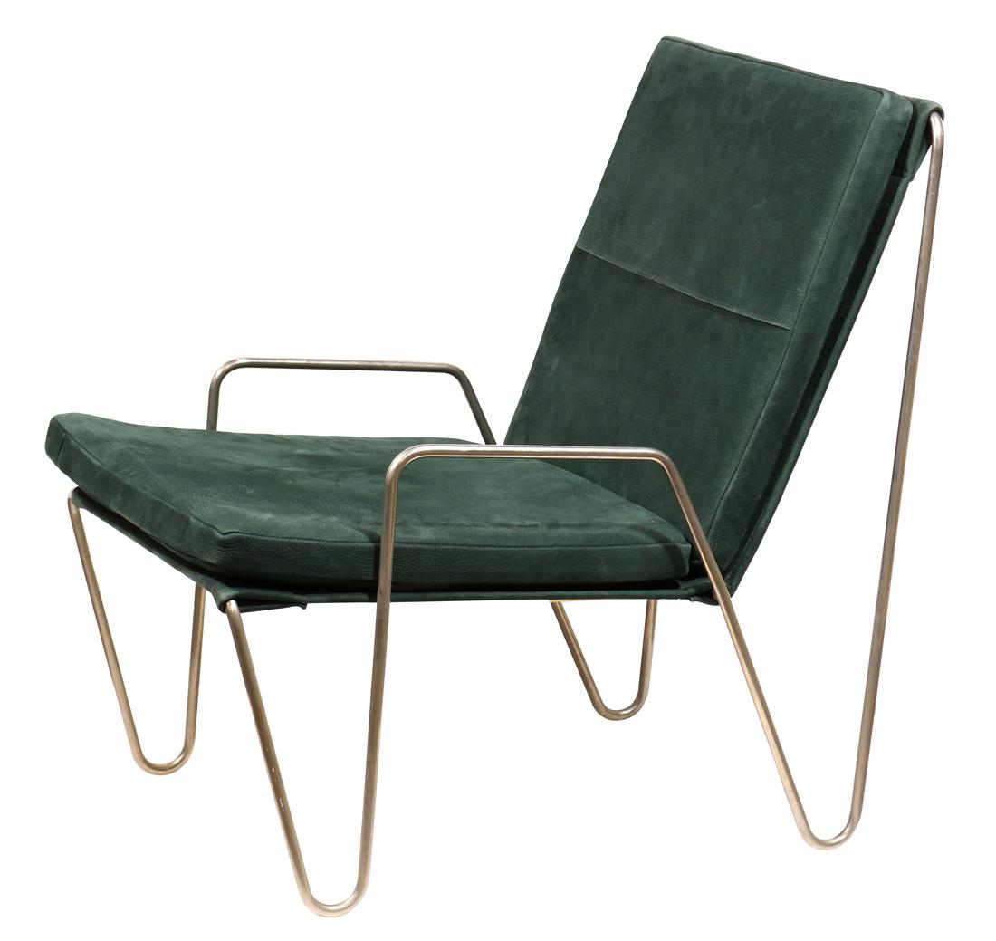 Verner Panton Bachelor's chair: Verner Panton Bachelor's chair, designed 1953, the seat and back executed in dark green suede above a steel frame, and rising on hairpin form legs, 30"h x 20"w 28"d