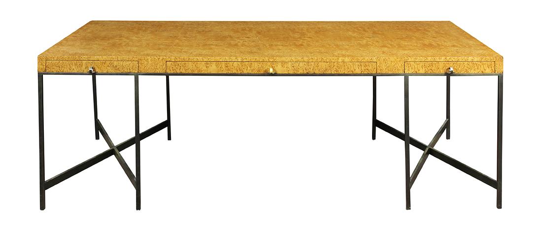 Edward Wormley for Dunbar Karelian burl custom: Edward Wormley for Dunbar Karelian burl custom executive desk, circa 1960, having a rectangular top, above three thin drawers, accented with curled pulls, continuing to the bronze base with "X" form s