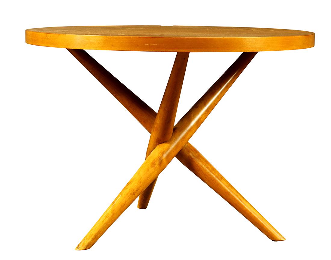 T.H. Robsjohn-Gibbings for Widdicomb occasional table: T.H. Robsjohn-Gibbings for Widdicomb occasional table circa 1950, having a circular top, above a tripod base with tapered supports, 20"h x 28"dia.
