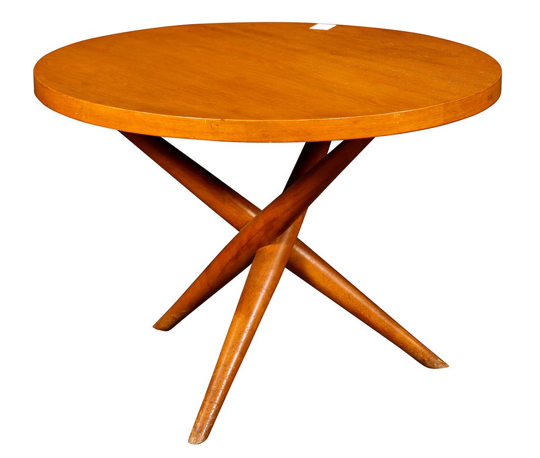 T.H. Robsjohn-Gibbings for Widdicomb occasional table: T.H. Robsjohn-Gibbings for Widdicomb occasional table circa 1950, model 1641, having a circular top, above a tripod base with tapered supports, 20"h x 28"dia.