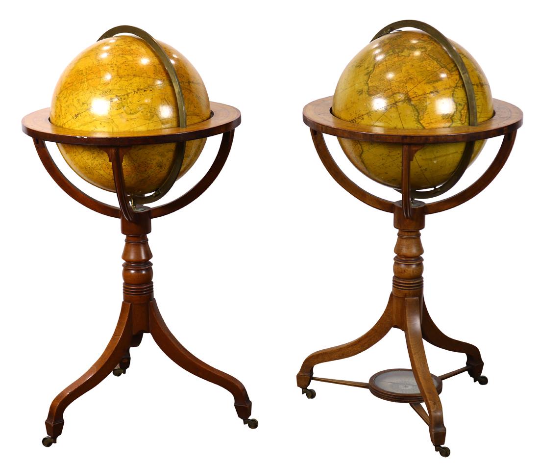 Rare English Cary's Regency New Terrestrial Globe: (lot of 2) Rare English Cary's Regency New Terrestrial Globe, c.1839 and New Celestial Globe, c.1820, the terrestrial globe with original compass at the base, each rising on a mahogany stand, 41" h x 