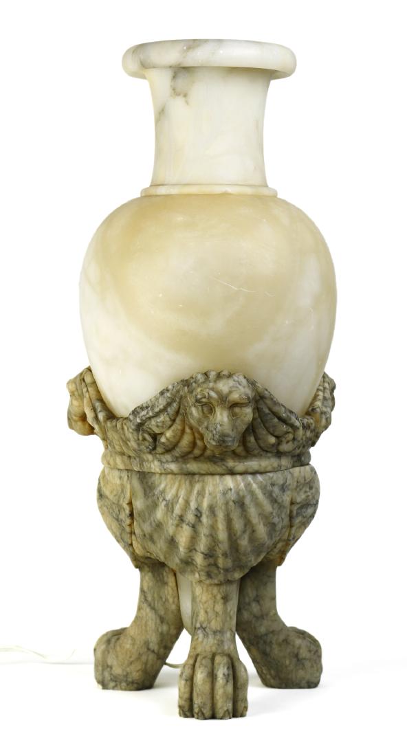 Continental alabaster and marble table lamp: Continental alabaster and marble table lamp, of urn form, having lion form reserves, and rising on paw feet, 20"h x 8"w