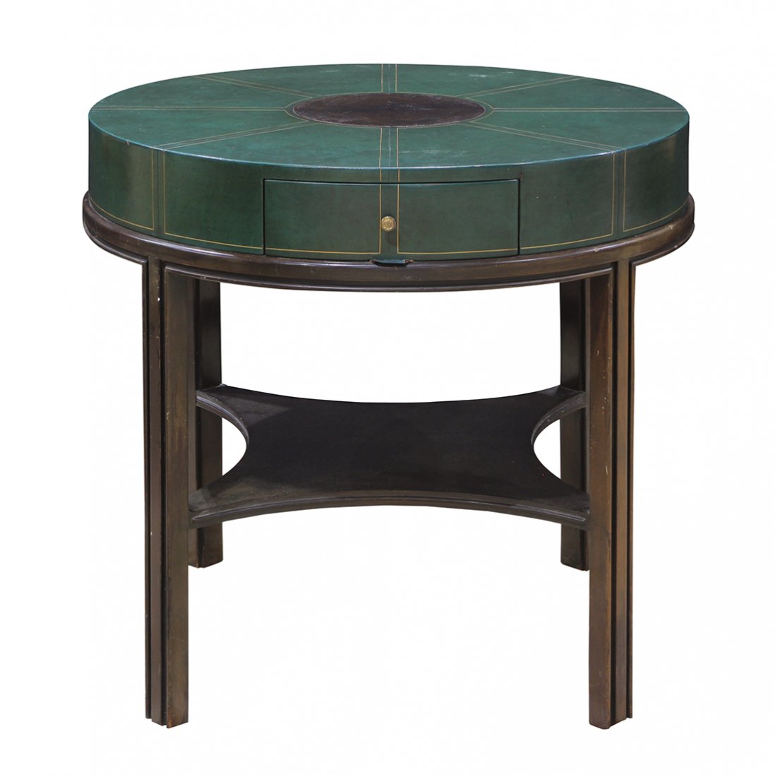 Mid-Century Modern Tommi Parzinger for Charak Modern: (lot of 2) Mid-Century Modern Tommi Parzinger for Charak Modern green leather game tables, having a circular top, above a single drawer, and rising on square legs conjoined by a lower tier, 26"h x 28"