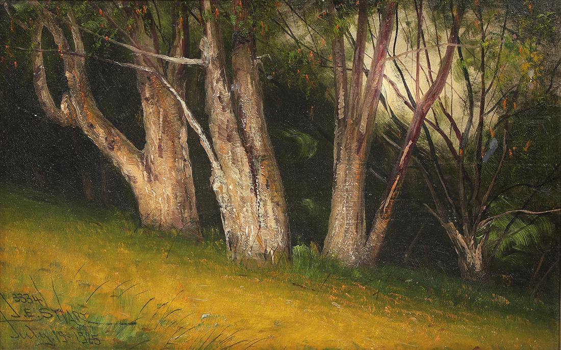 Painting, James Everett Stuart: James Everett Stuart (American, 1852-1941), "Golden Gate Park, San Francisco, California," 1925, oil on board, signed and dated lower right and verso, artist's inscribed inventory no: 3334, sight" 10"