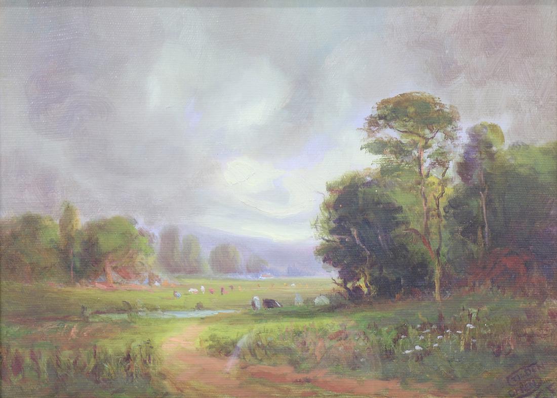 Painting, Samuel Tilden Daken: Samuel Tilden Daken (American, 1876-1935), Landscape with Cattle, oil on canvas, signed lower right, sight: 9.5"h x13.5"w, overall (framed in glass box): 18.5"h x 22.25"w x 3.25"d