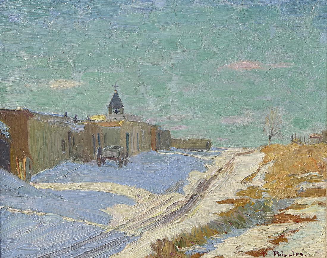 Painting, Bert Geer Phillips: Bert Geer Phillips (American School, 1868-1956), "An Old Street of Taos (New Mexico)," oil on board, signed lower right, titled and signed (in pencil) verso, board: 8"h x 10"w, overall (with frame): 1