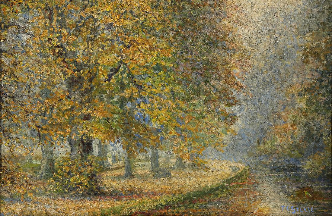 Painting, Theodore Clement Steele: Theodore Clement Steele (American, 1847-1926), Untitled (Autumn Woods by a River), oil on board, signed lower right, board: 12"h x 18"w, overall (with frame): 17.5"h x 23.5"w