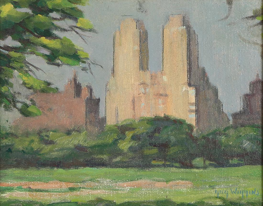Painting, Guy C. Wiggins: Guy Carleton Wiggins (American, 1883-1962), Central Park West, New York, oil on canvas board, signed lower right and verso, board: 8"h x 10"w, overall (with frame): 12"h x 14"w. Note: The building dep