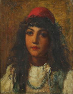 Painting, Percival De Luce: Percival De Luce (American, 1847-1914), Orientalist Portrait of a Young Woman, oil on canvas, signed upper left, canvas: 9"h x 7"w, overall (with frame): 14.75"h x 13"w