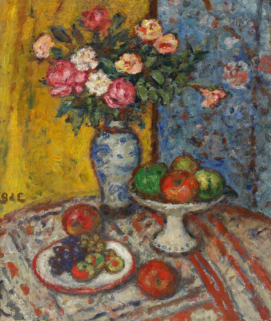 Painting, Georges d'Espagnat: Georges d'Espagnat (French, 1870-1950), Still Life with Fruit and Tapestries, oil on canvas, signed lower center, canvas: 32"h x 25.75"w, overall (with frame): 42"h x 35.75"w