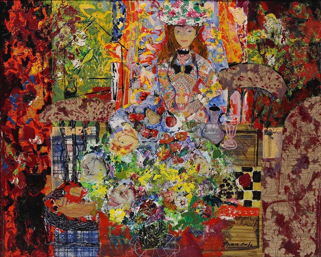 Painting, Emilio Grau Sala: Emilio Grau Sala (Spanish, 1911-1975), Untitled (Jeune femme a l'Interieur), oil and collage on canvas, signed lower right, canvas: 32"h x 39.5"w, overall (with frame): 37"h x 44"w