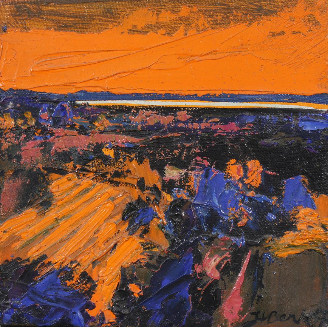 Painting, Henrietta Berk: Henrietta Berk (American, 1919-1990) Untitled (Sunset on the Bay), oil on canvas, signed lower right, canvas: 6"h x 6"w, overall (with frame): 7.25"h x 7.25"w