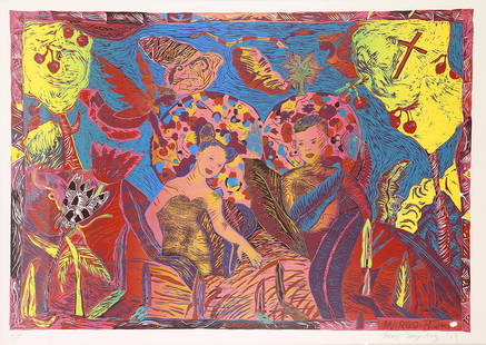 Print, Margo Humphrey: Margo Humphrey (American, b. 1942), Untitled (Adam and Eve), 1989, woodcut in colors, signed lower right, edition A/P, image: 27"h x 39"w, overall with frame: 31.5"h x 43.5"w