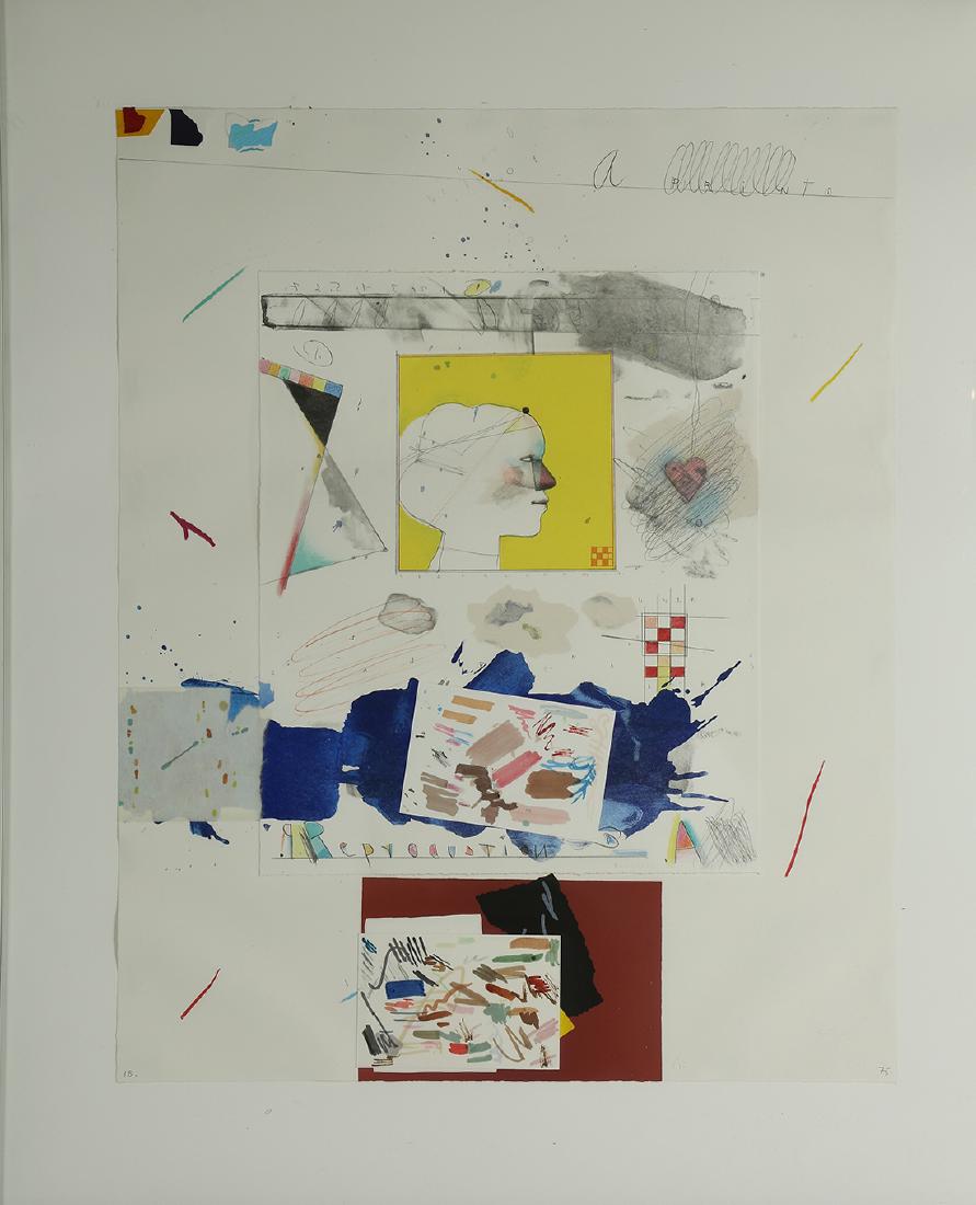 Print, Raymond Saunders: Raymond Saunders (American, b. 1934), "Profile in Time," 1982, lithograph, silkscreen, monoprint, collage on paper, pencil signed, dated, and numbered 18/75, sheet: 29"h x 23.25"w, overall (with frame