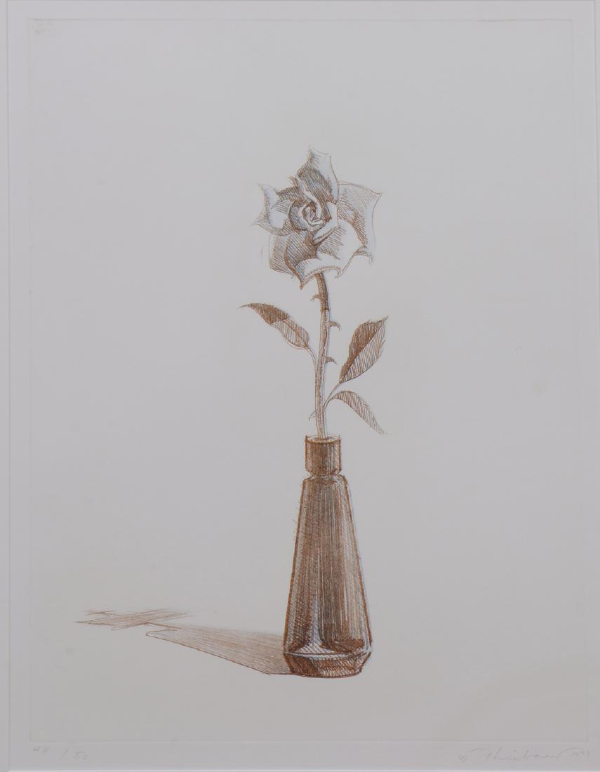 Print, Wayne Thiebaud, Rose: Wayne Thiebaud (American, b. 1920), "Rose, from Recent Etchings II," 1979, color soft groud etching, pencil signed and dated lower right, edition 44/50, plate: 24"h x 17.75"w, overall (with frame): 37