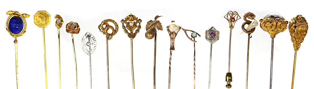 Multi-stone, diamond, gold, platinum hat and stickpins: (Lot of 15) Multi-stone, diamond, gold, platinum hat and stickpins Including 1) hat pin, featuring a foil backed oval-cut amethyst, set in a 14k yellow gold, filigree mounting (marked 14k, R), with a 
