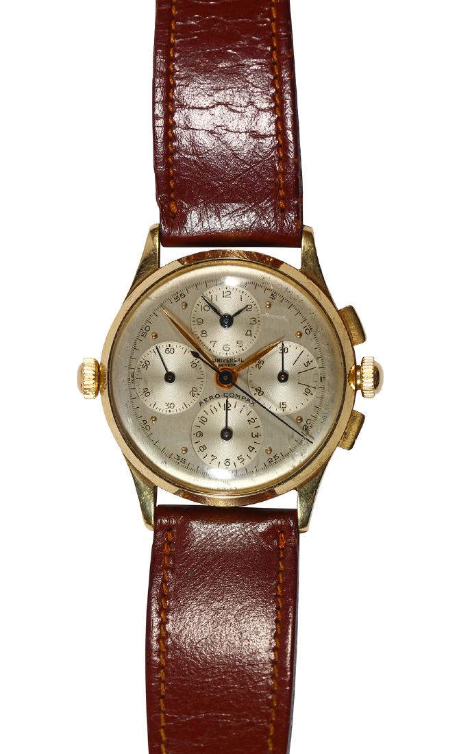 Universal Geneve 14k yellow gold Aerocompax wristwatch: Universal Geneve 14k yellow gold Aerocompax wristwatch Dial: round, silvered dial, applied dot hour markers, outer black Arabic numeral minute track, (4) sunken subsidiary dials at 12:00, 3:00, 6:00 a