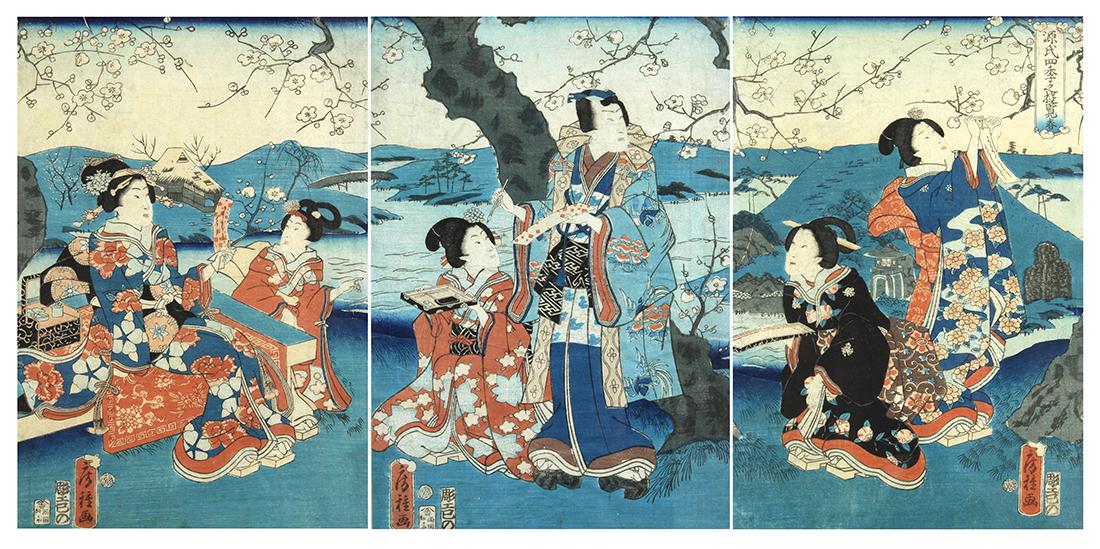 Japanese Woodblock Prints, Utagawa Fusatane, 19c: (lot of 3) Utagawa Fusatane (active 1854-1889), "Genji Four Seasons Pleasure Trip, Spring", 1863, triptych woodblock prints, upper right with the title, each with the signature, seals, sight: 13.5"h x