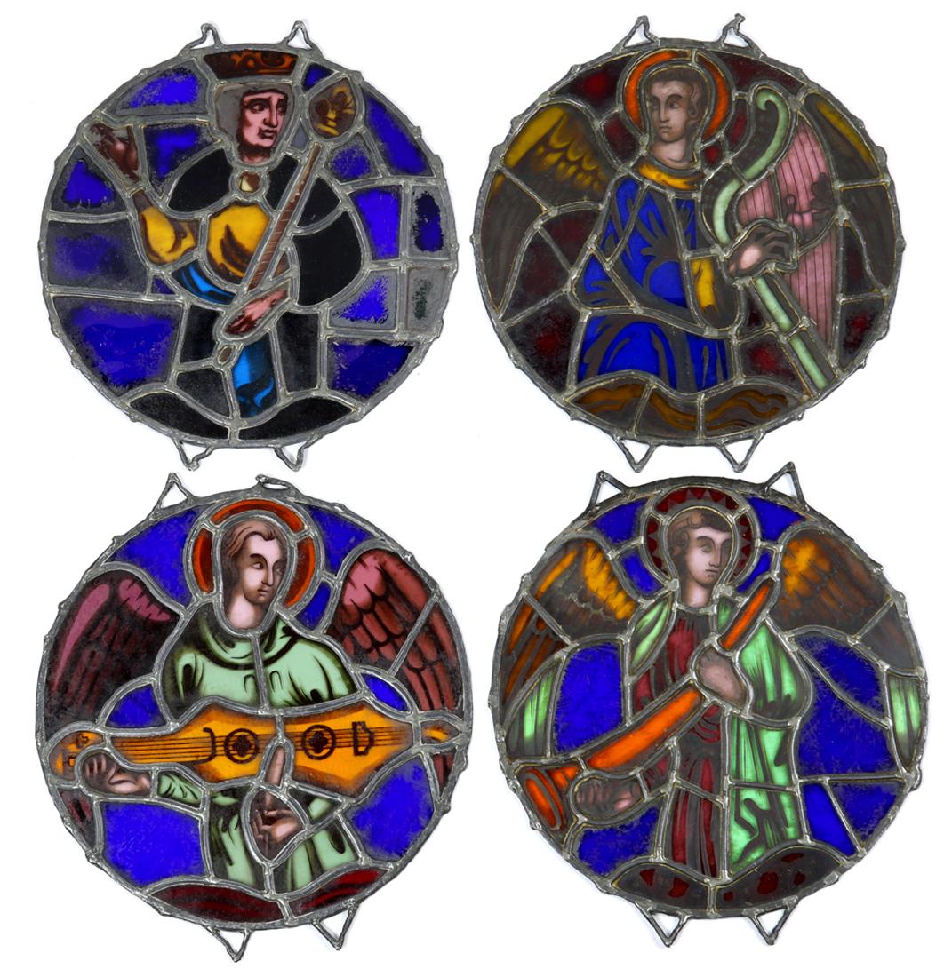 Ecclesiastical leaded glass panels, three depicting (1 of 2)