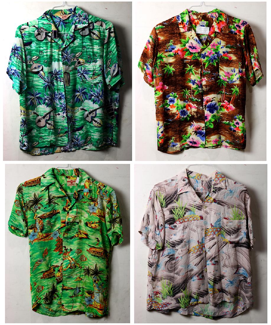 Hawaiian shirts, makers include Hawaiian Holiday,: (lot of 4) Hawaiian shirts, makers include Hawaiian Holiday, unmarked; Tahiti, size M; and Tahitian size large; together with one untagged example