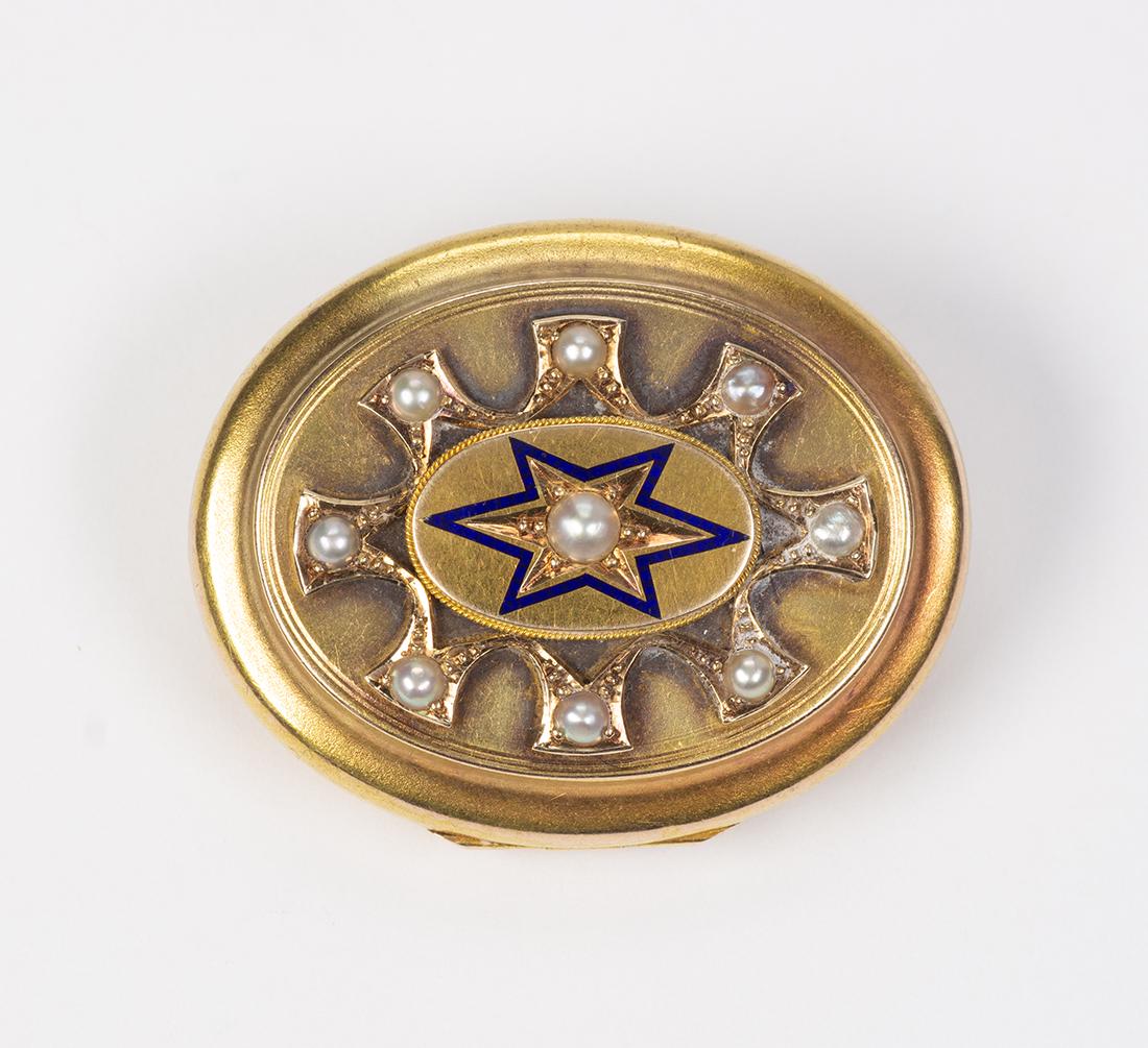 Victorian cultured pearl, blue enamel and 14k yellow: Victorian cultured pearl, blue enamel and 14k yellow gold locket brooch Featuring (9) half pearls, accented by blue enamel, set in a 14k yellow gold locket mounting, measuring approximately 40 X 32 mm