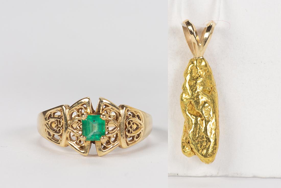 Emerald, natural nugget and yellow gold jewelry (1 of 4)