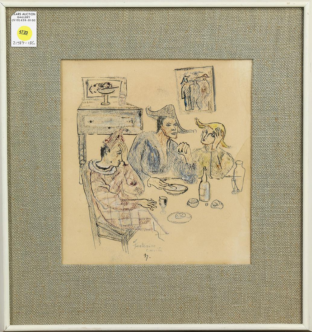 Work on paper, Federico Cantu: Federico Cantu (Mexican, 1907-1989), Untitled (Harlequins), 1937, mixed media on paper, signed and dated lower center, overall (with frame): 17"h x 16"w