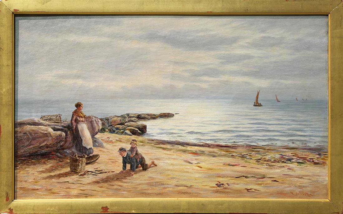 Painting, Robert Brown Johnston: Robert Brown Johnston (British, 1840-1914), Playing on the Beach, oil on canvas, signed lower right, overall (with frame): 17.25"h x 27.5"w