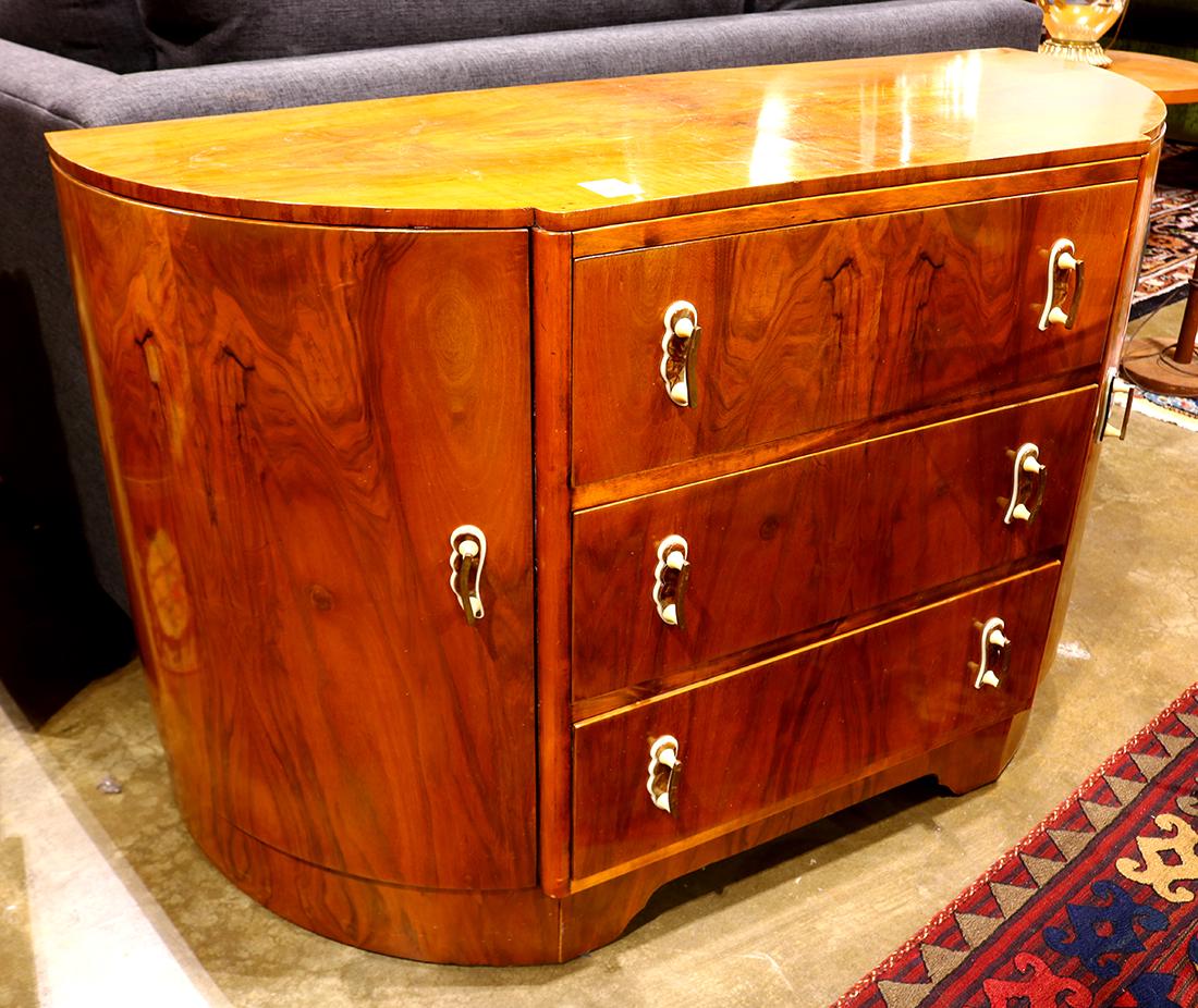 English Art Deco commode: English Art Deco commode, having a demi-lune top, above the three drawer case, 30"h x 46"w x 18"d