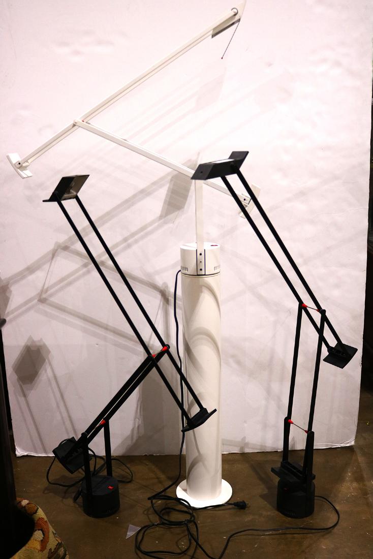 Richard Sapper for Artemide "Tizio" adjustable table: (lot of 3) Richard Sapper for Artemide "Tizio" adjustable table lamps, two executed in black, one in white, the white lamp with label covered by hardware that connects to a white plinth, lamp: 32.5"h