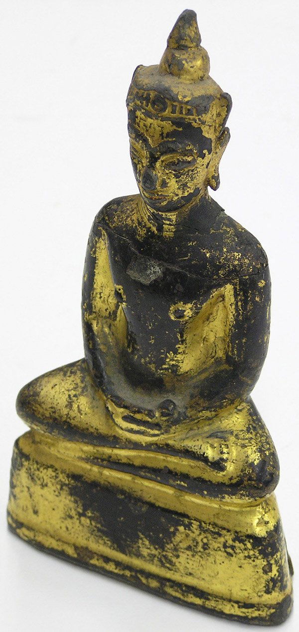 Chinese Black Copper Buddhist Figure: Southeast Asian gilt bronze figure of the Buddha, probably Thailand 19th century, seated in meditation on a triangular plinth with the hands joined together, the smiling face framed by a gilt diadem (