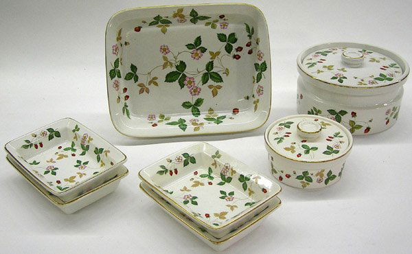 Wedgwood Wild Strawberry serving dish: (lot of 7) Wedgwood Wild Strawberry serving dishes including two covered bowls, an open server and four bowls