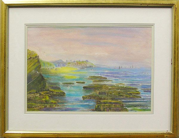 Painting, European Landscape: Framed watercolor, View of the Coast, Katwijk (Netherlands), attributed to William Frederick Ritschel (Californian, 1864-1949), bears signature ''W. Ritschel'' and inscribed ''Katwijk'' lower right, s