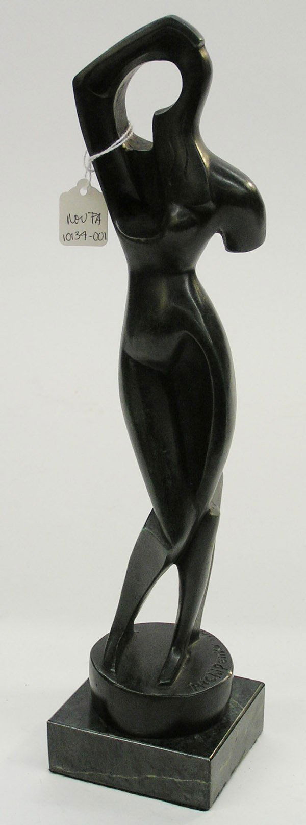Bronze Sculpture Archipenko: Bronze sculpture with green patina, Woman Combing Her Hair, attributed to Alexander Archipenko (American 1887-1964), signed and dated 1914 on base, overall 13.8''h (without base)