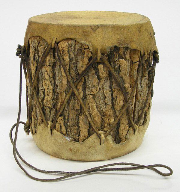 Native American drum: Vintage Native Americana drum, hollowed out Ponderosa Pine log and deer hide, 7''h