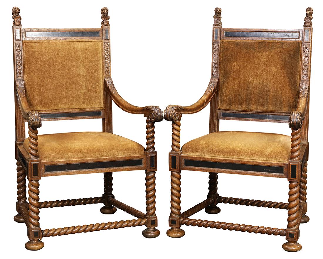Pair of Renaissance style oak hall chairs circa 1880 (1 of 7)