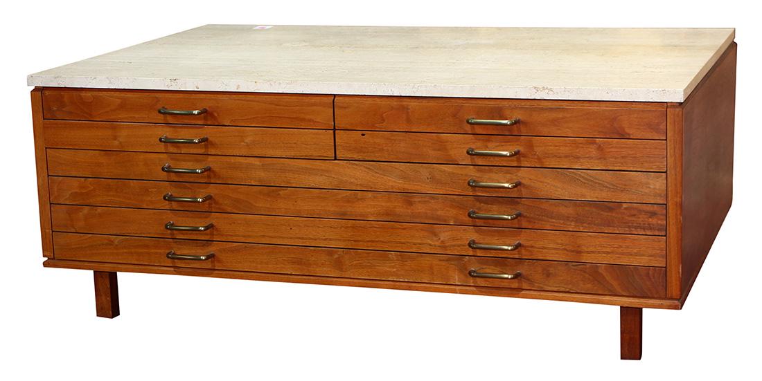 Mid Century teak flat file: Mid Century teak flat file, having a travertine top above the eight drawer case rising on square legs, 18"h x 45"w x 30"d
