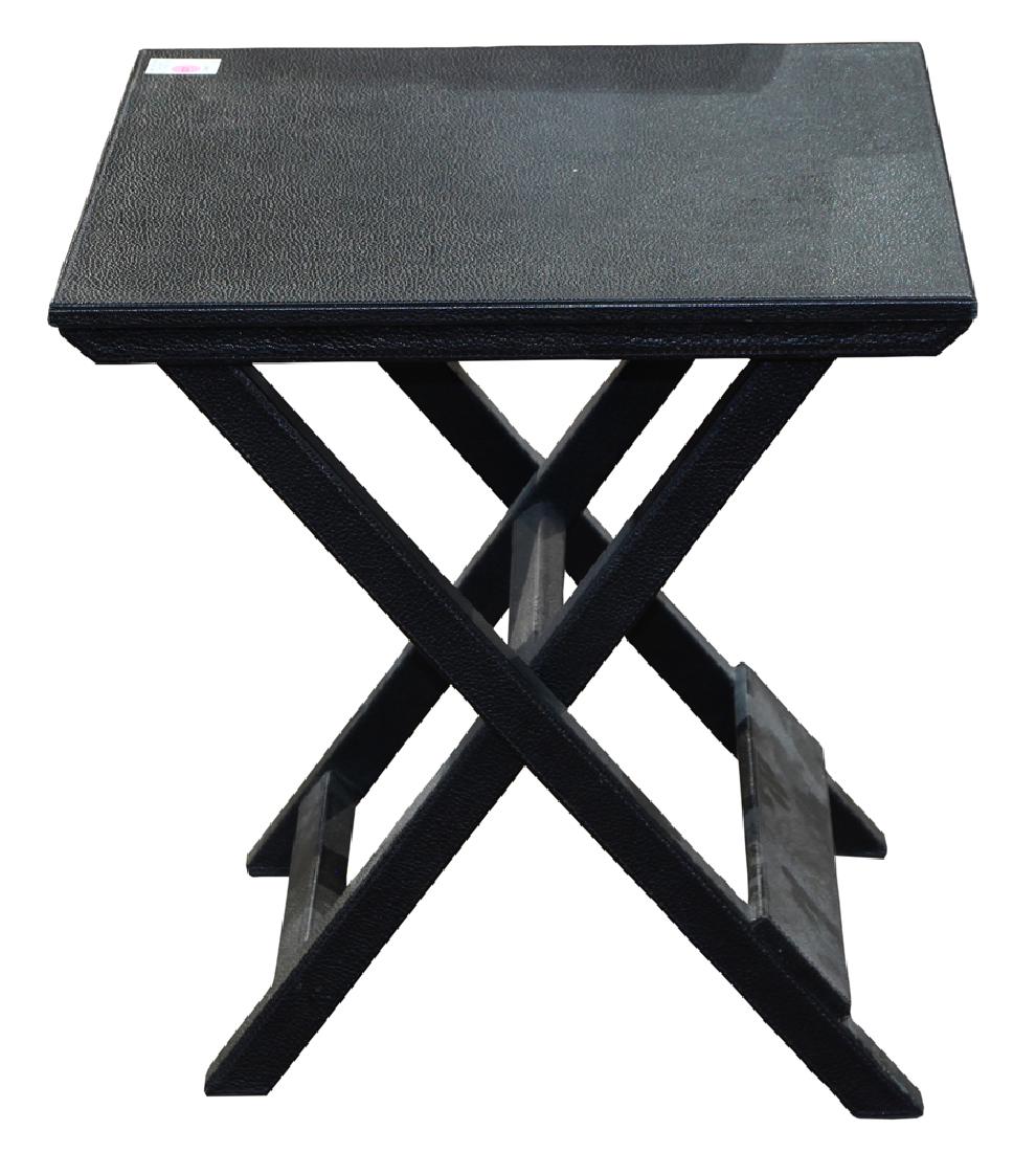 Bergdorf Goodman leather folding table: Bergdorf Goodman leather folding table, underside impressed Bergdorf Goodman, 21"h x 19.5" square