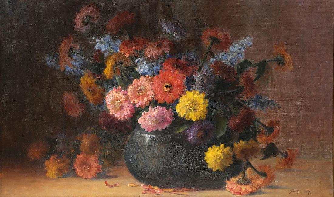 Painting, Sarah Bender De Wolfe: Sarah Bender De Wolfe (American, 1852-1935), Still Life with Zinneas, oil on canvas, signed lower right, canvas: 22"h x 36"w, overall (with frame): 29"h x 43"w. Provenance: Estate of Edan Milton Hughe