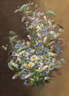 Gouache, Raoul de Longpre: Raoul de Longpre (French, 1859-1911), Spring Bouquet, gouache, signed lower right, sight: 27"h x 19"w, overall (with frame): 35.25"h x 27"w