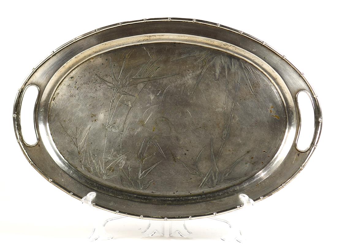 Chinese silver platter, of oval form with conforming (1 of 2)