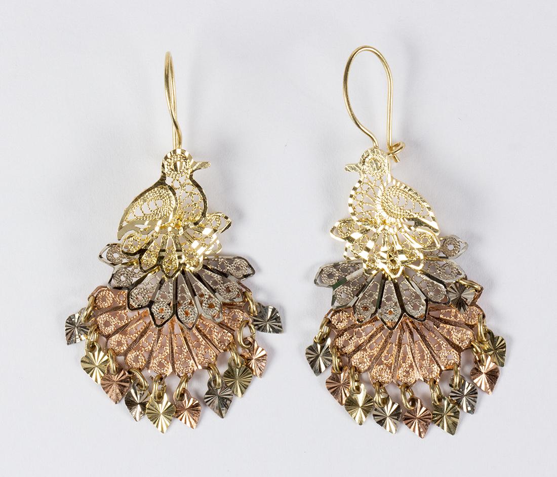 Pair of tri-color 14k gold bird earrings (1 of 2)